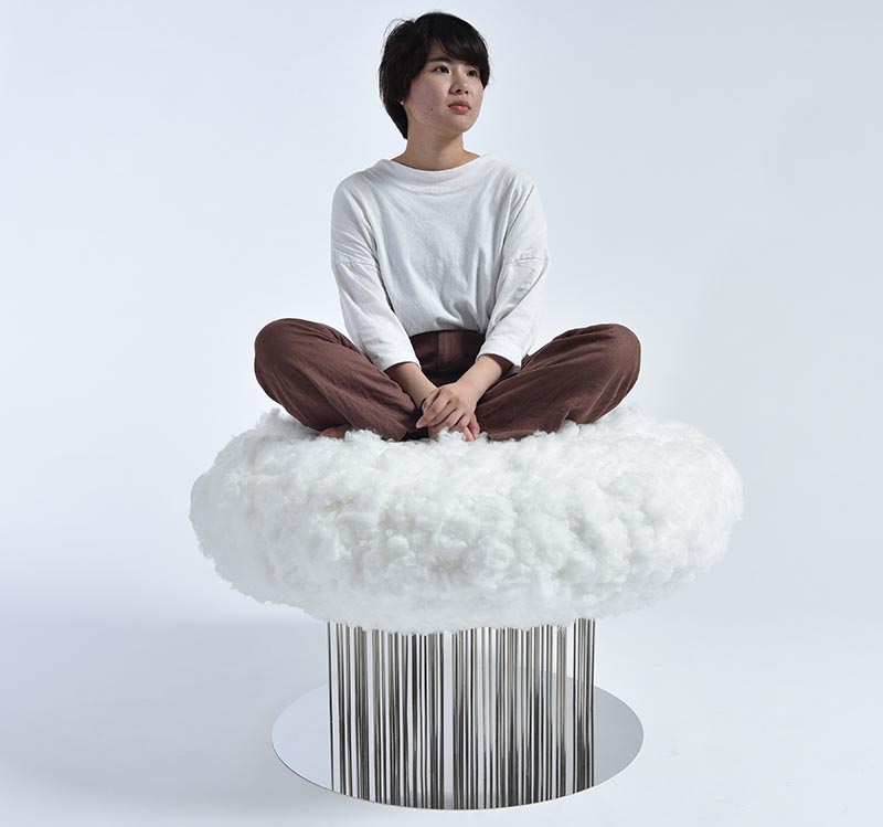 This is a cloud-like chair gives the seated person a sense of floating, while the mirror-like stainless steel legs and pedestal express rain. #ChairDesign #SculpturalChair #FurnitureDesign #Seating