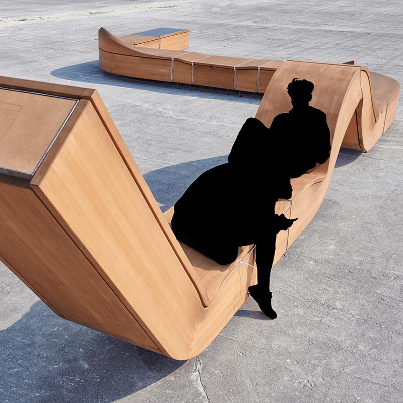 Hello Wood created a line of unconventional outdoor furniture with smart functions for public spaces. The City Snake is a modular structure; its elements are variable to fit the given site.  #PublicFurniture #StreetFurniture