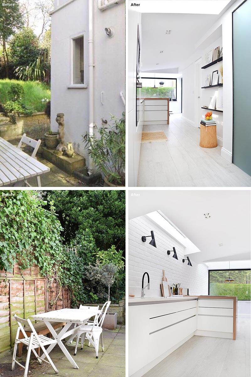 Before & After - House Extension - The patio and garden were quite long and its shape inspired the designers for the layout of the kitchen and dining area. #HouseExtension #KitchenDesign