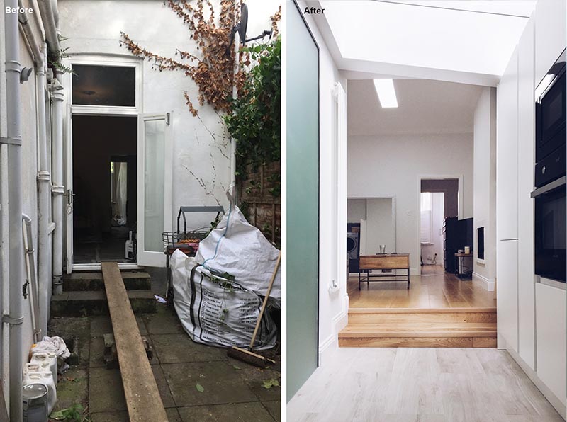 Before & After - House Extension - Here you can see the original door from the living room that opened to the side patio. The new view shows the stair connection, and the start of the kitchen cabinets. #HouseRenovation #HouseExtension