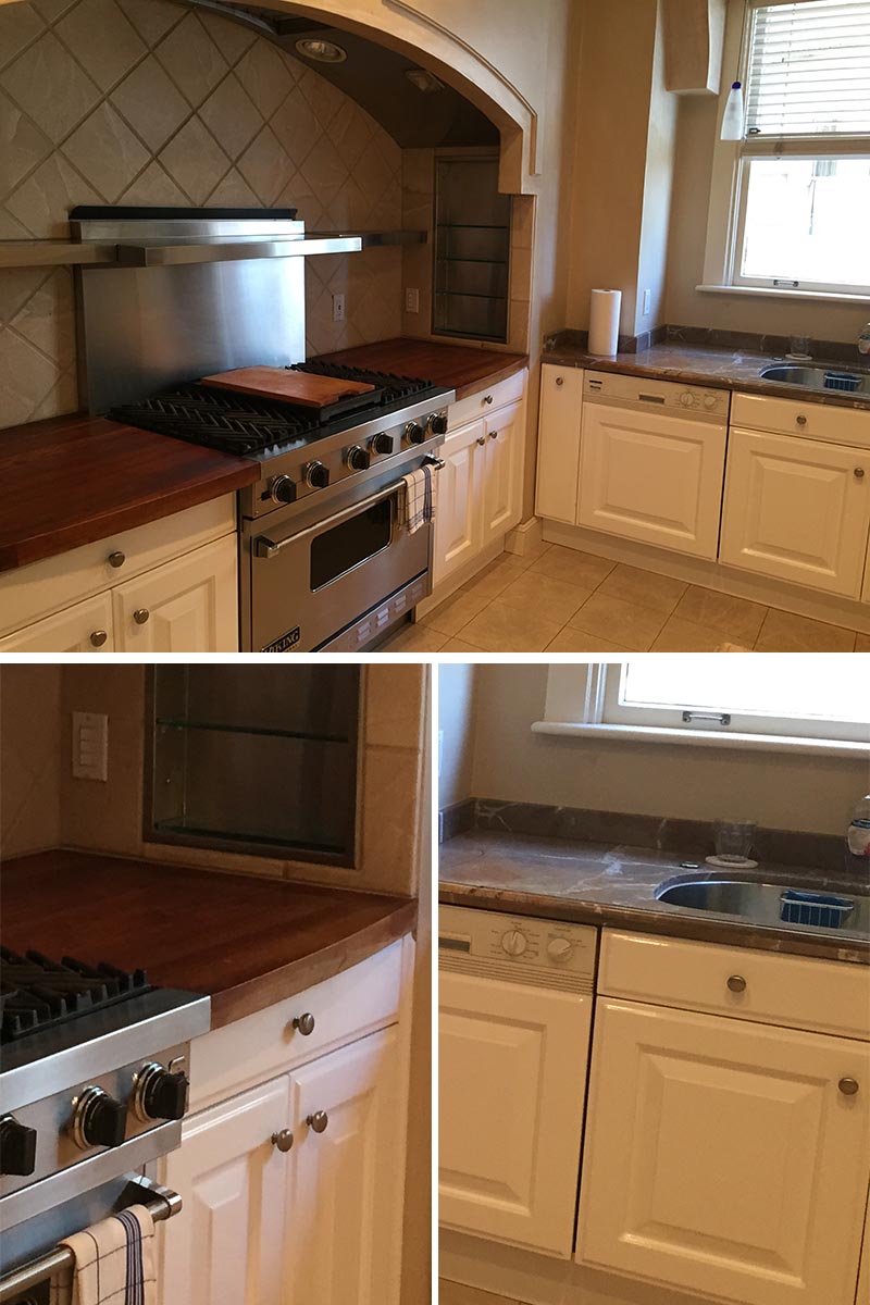 BEFORE > The kitchen before the renovation was a mix of dated materials, with multiple countertop materials, an arch above the stove, and built-in glass shelves. #KitchenRemodel #KitchenDesgin