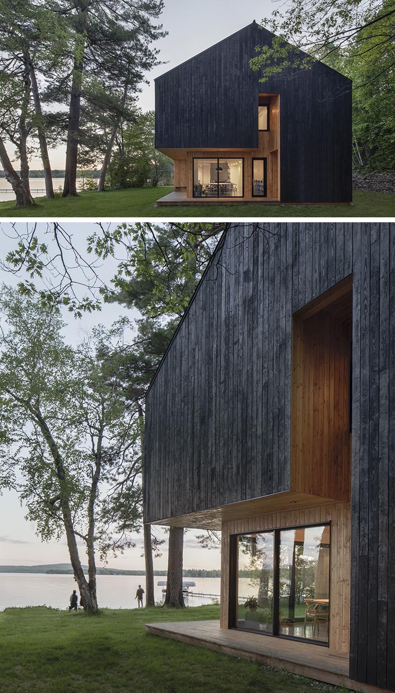 The exterior of this modern house is clad in larch, which is a type of pine tree, and has been charred to give it that burnt look. It also contrasts the recessed wood that's been finished with a natural oil. #BlackHouseSiding #BlackHouse #CharredWoodSiding #ShouSugiBan #BurntWoodSiding