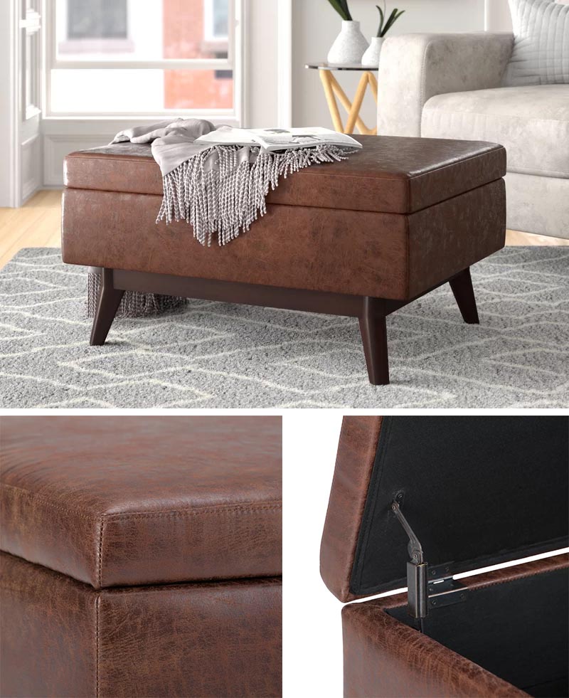 Ottomans with hidden storage are perfect for keeping blankets within an arms reach, but there also a way to store other living room items, like remotes, books, magazines, etc. #BlanketStorage #Ottoman #StorageOttoman