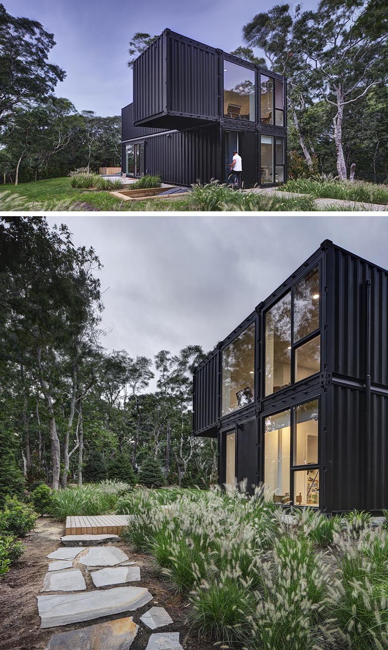 MB Architecture has designed a modern shipping container house for a family of five, that's located on a wooded site in Amagansett, New York. #ShippingContainerHouse #BlackHouse #ModernHouse #ModernArchitecture #ShippingContainer #Landscaping