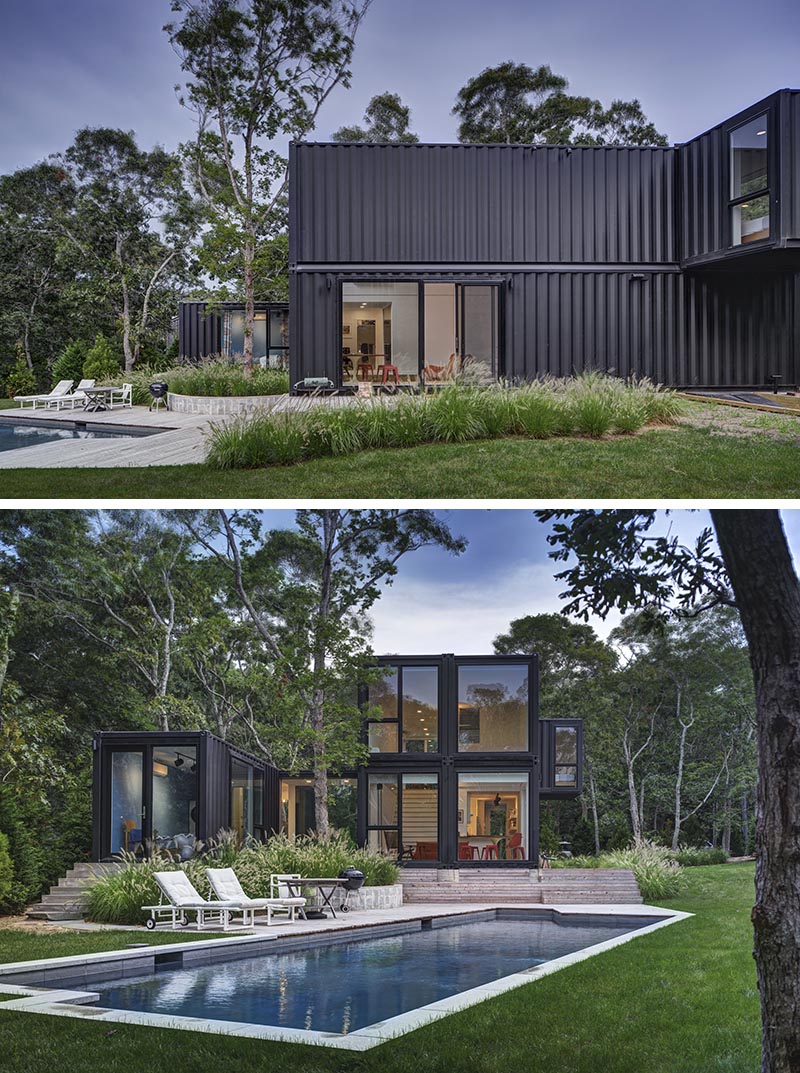 MB Architecture has designed a modern shipping container house for a family of five, that's located on a wooded site in Amagansett, New York. #ShippingContainerHouse #BlackHouse #ModernHouse #ModernArchitecture #ShippingContainer #Landscaping #SwimmingPool