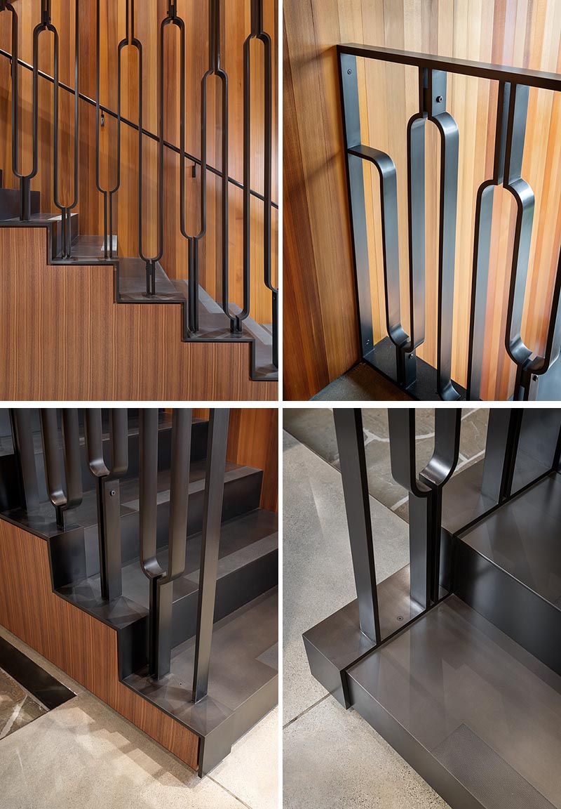 This modern black steel balustrade has a u-shaped design, adding an artistic touch to the home. #Stairs #StairDesign #SteelStairs #Handrail #SteelHandrail