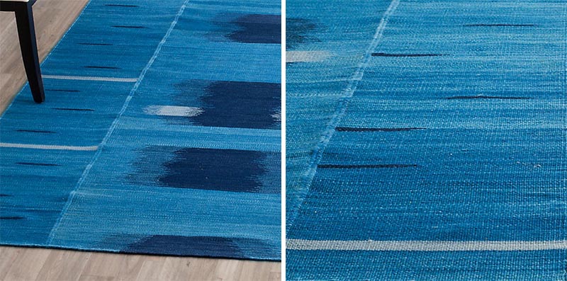 Usually abstract design is found in interiors on the wall in the form of art, however an abstract rug is an alternative idea for adding eye-catching art to the home. #AbstractRug #ArtisticRug #BlueRug #ModernRug #ModernDecor