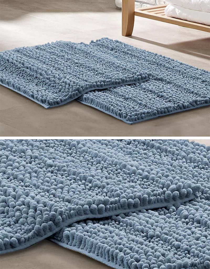 The bathroom is an often overlooked area that can benefit from a having a small rug as part of its decor. Usually made from a material that dries well, it allows a soft surface for someone to stand on instead of the bare floor, when getting out of the bathtub or shower. #BathroomRug #ModernBathroomRug #BlueRug