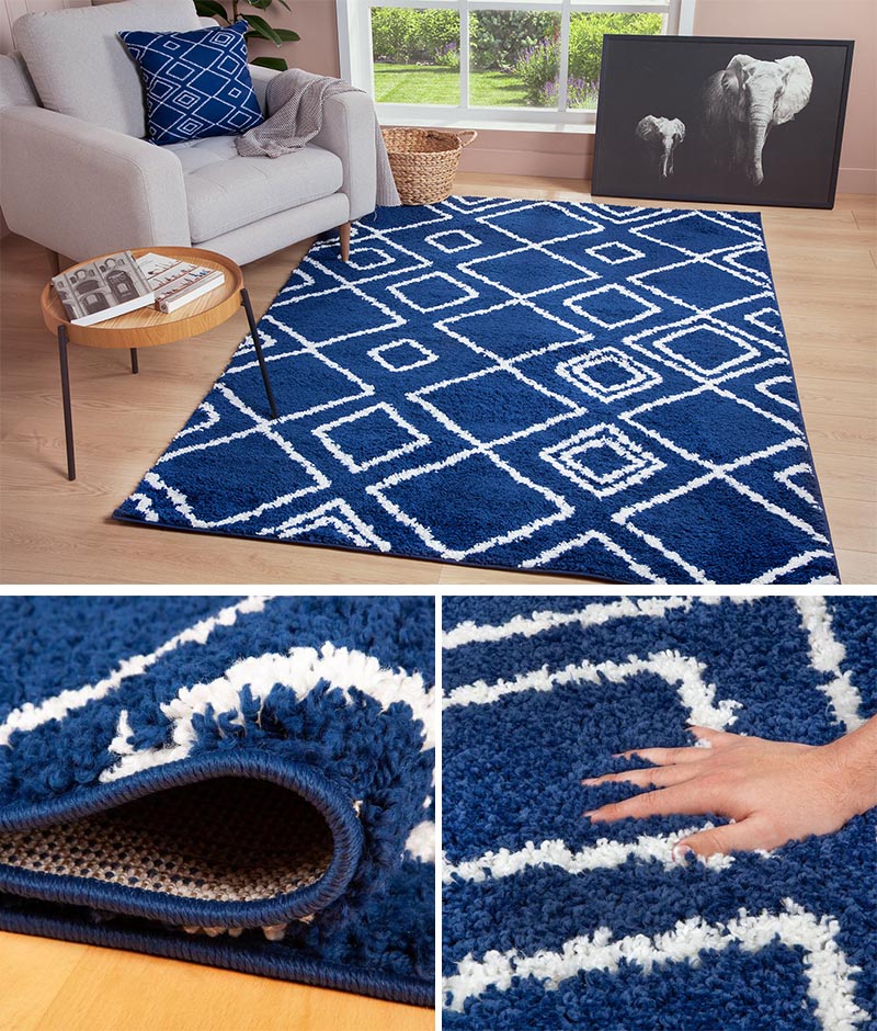 Adding a blue accent rug with a geometric design to your space creates a fun way to include visual interest to a room. #BlueRugs #BlueGeometricRug #ModernRug #HomeDecor #ModernInterior