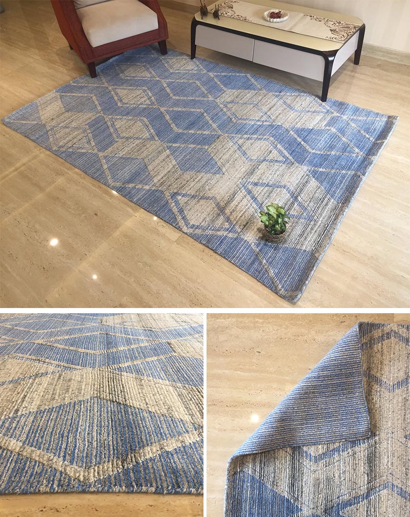 Adding a blue accent rug with a geometric design to your space creates a fun way to include visual interest to a room. #BlueRugs #BlueGeometricRug #ModernRug #HomeDecor #ModernInterior