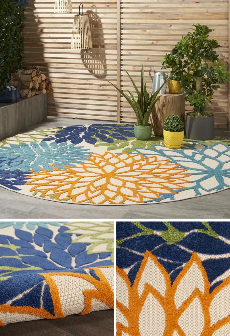 If you're interested in having a bit of fun with your outdoor space, brighten it up with a colorful rug. You can have large oversized patterns, bold graphic designs, or something that looks more abstract in its design. #ModernOutdoorRugs #ColorfulOutdoorRugs
