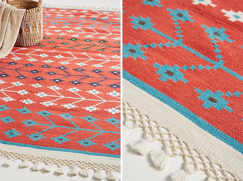 Patterned rugs are an unique way of adding interest to an outdoor patio or deck. You can keep the pattern fairly simply with a single design, or liven the space up a bit more with a bold multi-color look. #PatternedOutdoorRug #PatternedRug