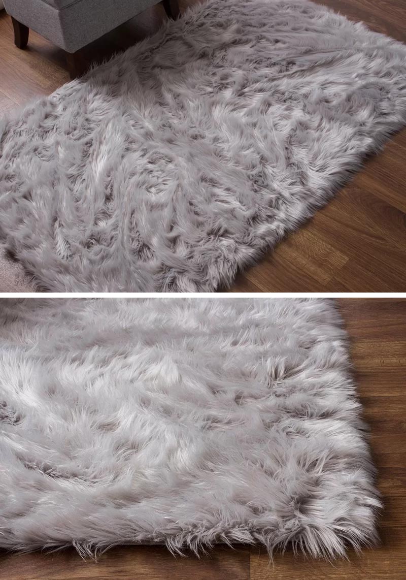 Soft luxurious sheepskin rugs, whether made from wool or synthetic fibers can be used as a floor covering in a modern farmhouse, but can also be draped over a chair for added comfort. #ModernFarmhouse #SheepskinRugs #HomeDecor