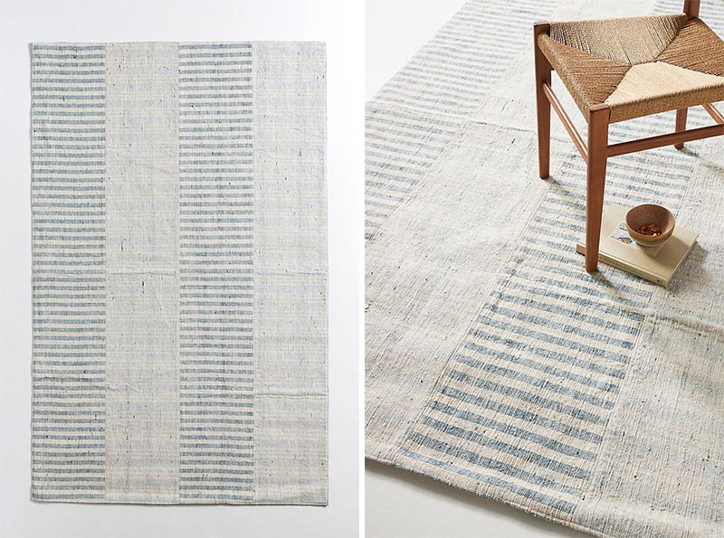 A handwoven rug combines materials in a traditional craftsman format that showcases the art of weaving. #ModernFarmhouse #ModernRugs #HandwovenRugs #HomeDecor
