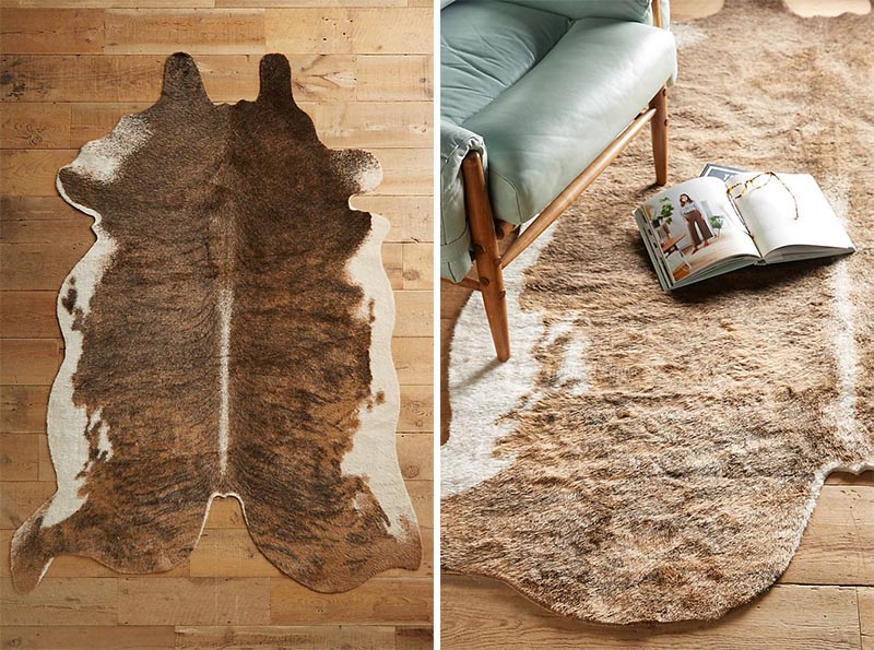 Faux cow hide rugs are a great way to get the look you want with faux materials like felt and tufted faux fur. #FauxCowHide #ModernFarmhouse #HomeDecor #FauxCowHideRug
