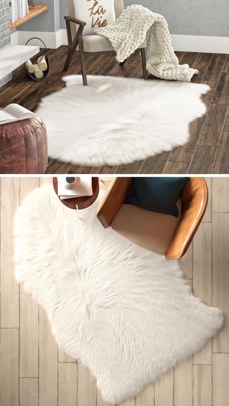 Soft luxurious sheepskin rugs, whether made from wool or synthetic fibers can be used as a floor covering in a modern farmhouse, but can also be draped over a chair for added comfort. #ModernFarmhouse #SheepskinRugs #HomeDecor