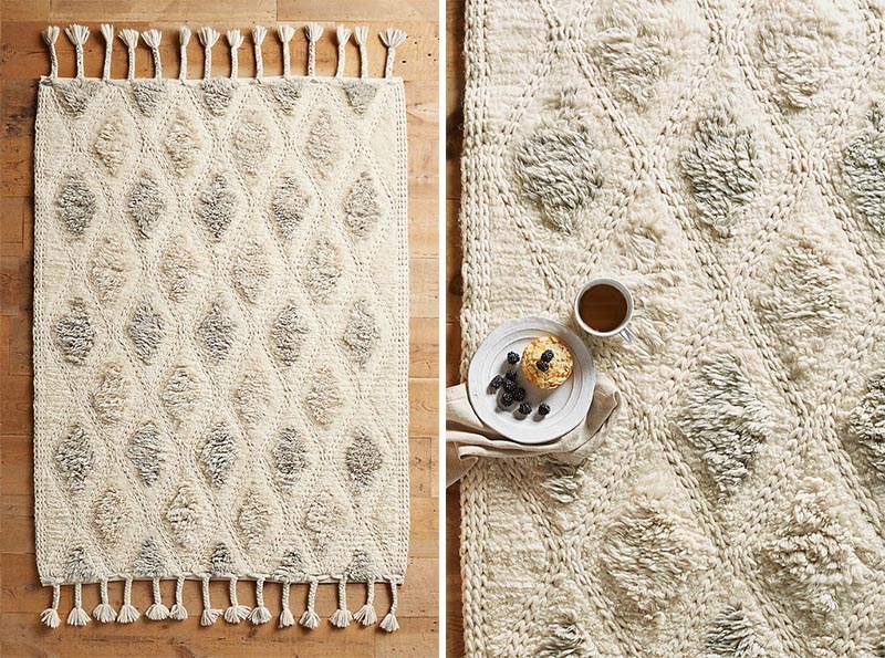 Rugs are one way that you can add texture to your modern farmhouse interior without it being too overpowering. By keeping the the color neutral, you can have a raised pattern that adds a subtle amount of texture. #ModernFarmhouseRug #ModernFarmhouse #HomeDecor #ModernRug #TexturedRug