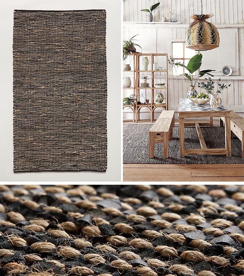 Including a mixed material rug in your modern farmhouse interior helps to create a unique look, like this rug that features strips of leather and jute woven together. #ModernFarmhouse #ModernRug #HomeDecor #RugIdeas