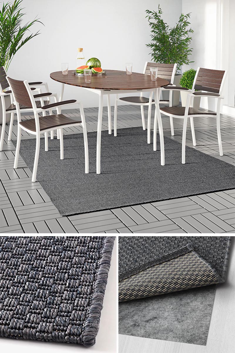 Synthetic rugs, often made from polypropylene, are an ideal fabric for outdoor spaces. They are durable and will not grow mold or mildew when exposed to water. Plus if they have UV stabilizers, they won't fade from too much sunlight. #ModernOutdoorRugs #SyntheticOutdoorRufs