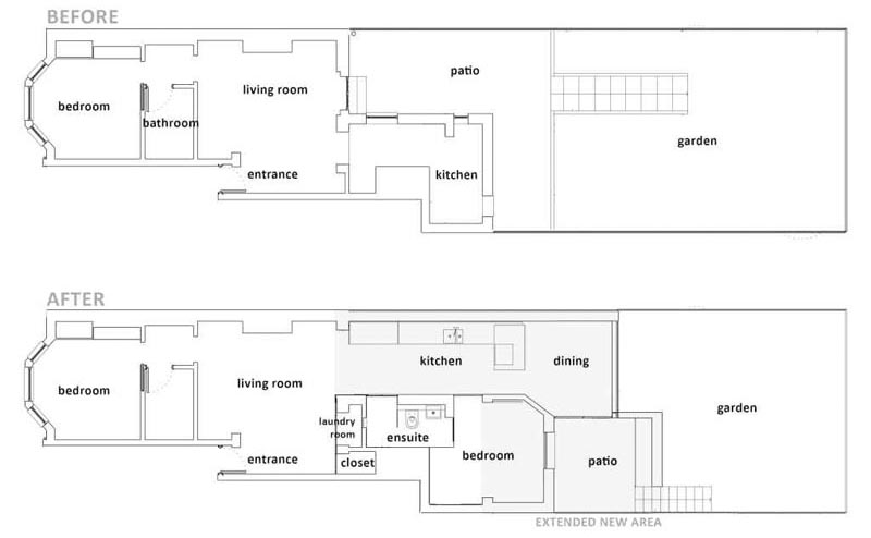 Design firm The White Interior, has recently completed the transformation and rear extension of a North London home, creating room for dining area and bedroom with an en-suite bathroom. #RearExtension #Architecture #HouseLayout