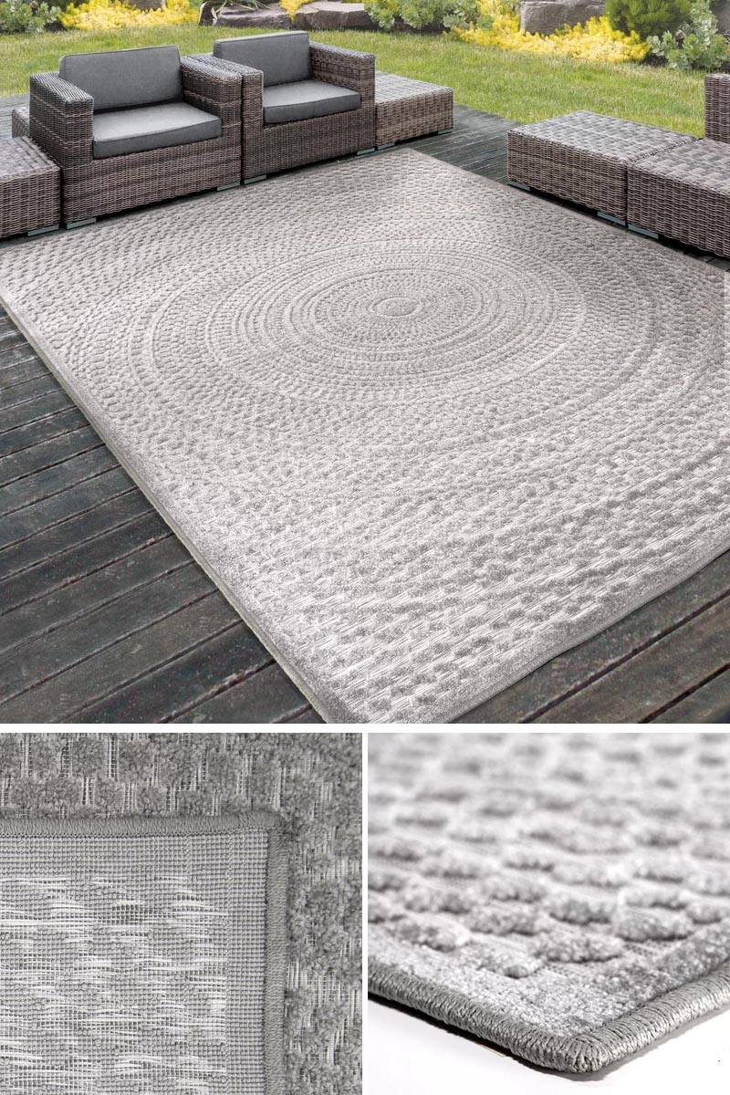 Large or oversized rugs are ideal for when you want to create an outdoor living room with a couple of couches and a table. #OversizedOutdoorRug #LargeOutdoorRug #ModernOutdoorRug