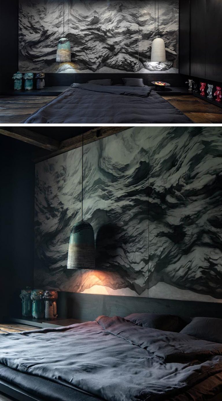 This Masculine Bedroom Has A Dramatic Wall Mural And Unique Wood Floors