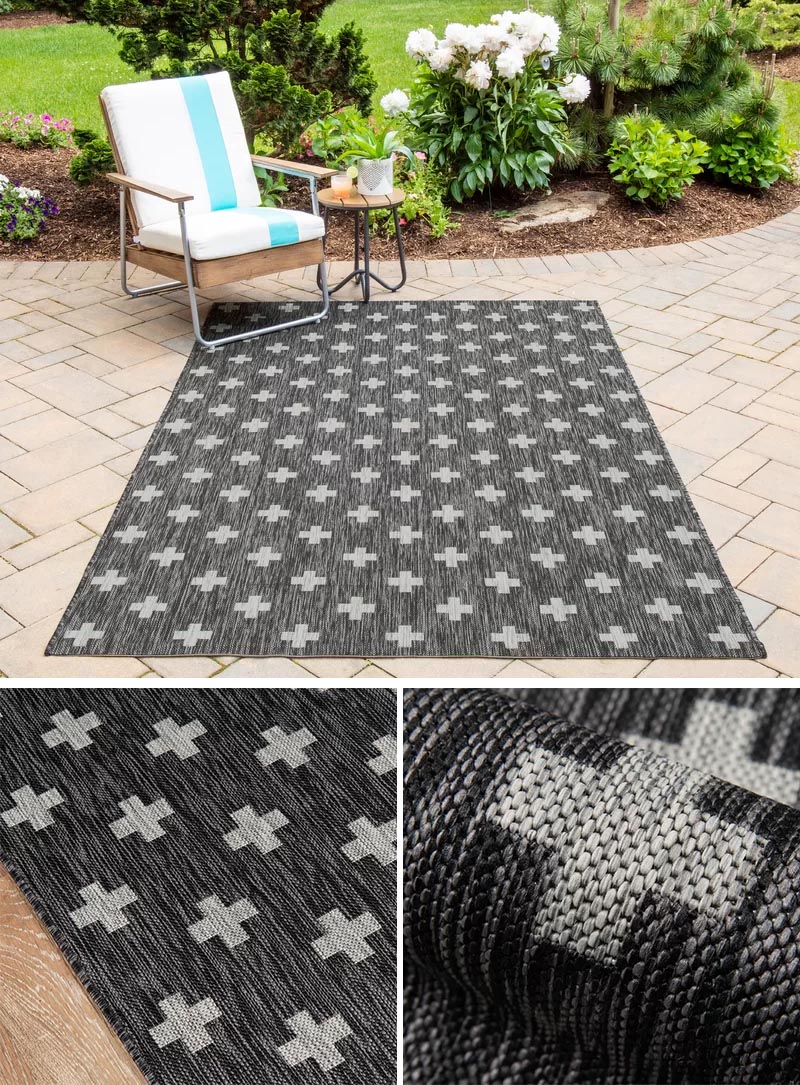 Patterned rugs are an unique way of adding interest to an outdoor patio or deck. You can keep the pattern fairly simply with a single design, or liven the space up a bit more with a bold multi-color look. #PatternedOutdoorRug #PatternedRug