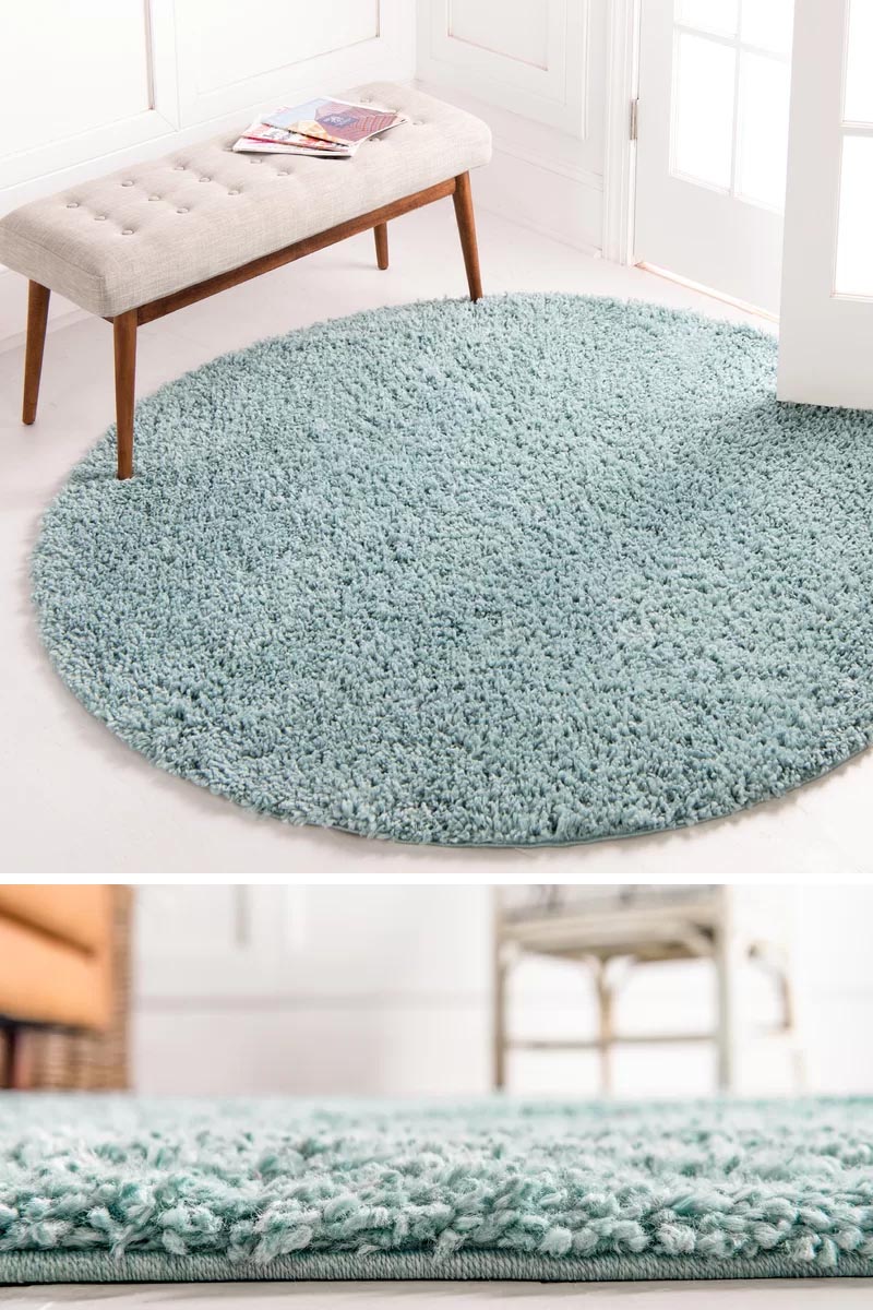 Round rugs, which also go by the name of circular rugs, are a great way to define an area. They can be used for a single chair, a pair of chairs around the edge, in a nursery, or in an entryway. #ModernRugs #ModernBlueRugs #ModernRoundRug #BlueRoundRug #BlueRug