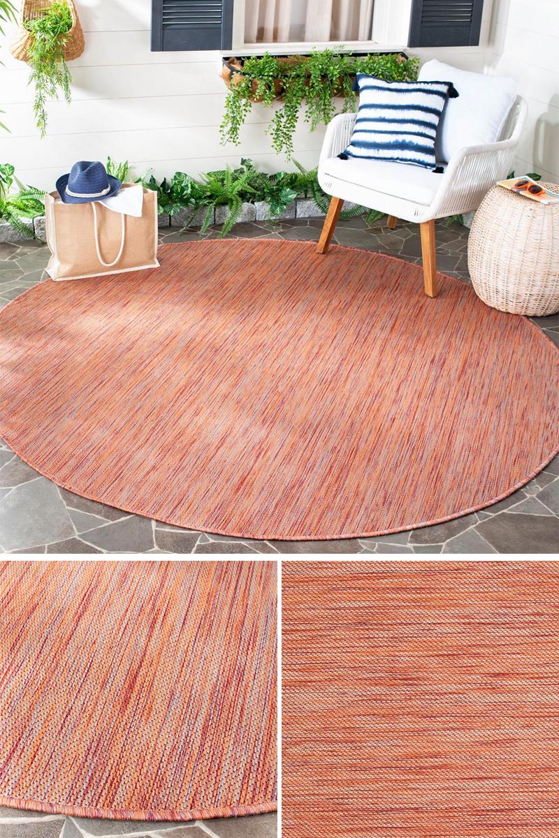 Round outdoor rugs are a great way to create a conversation circle outside. Round rugs are also a good idea if you have a curved space or a corner space where you don't want the rug to go all the wall to the walls. #RoundRug #RoundOutdoorRug #ModernOutdoorRug