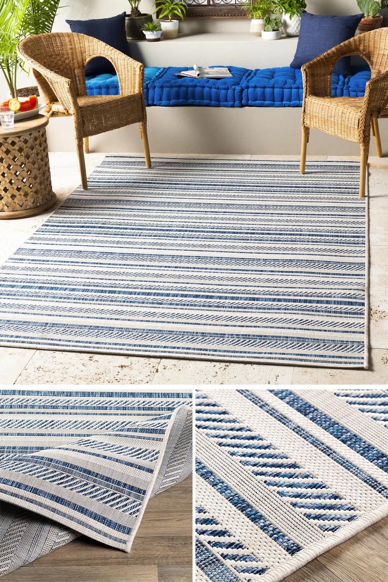 A striped outdoor rug is one way of adding either a simple color to your space, or if you go bold, it may remind you of a beach towel, depending on the atmosphere you want to create. #ModernStripedRug #StripedOutdoorRug #ModernOutdoorRugs