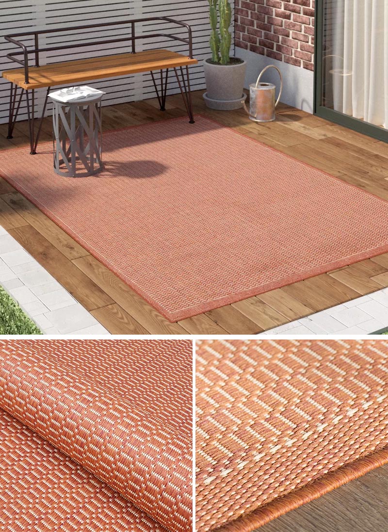 Square and rectangular rugs are one way of creating a dedicated seating or alfresco dining area in a large open space.  #ModernOutdoorRugs #SquareOutdoorRugs #RectangleOutdoorRug