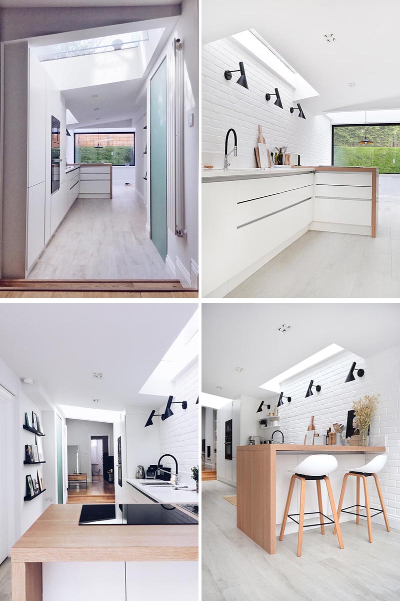The kitchen was designed in an L-shape, so that it could be used as a  cooking area with garden views, and at the same time, be a visual transition between the kitchen and the dining area. Skylights in the kitchen help to bring the natural light into the interior. #KitchenDesign #ModernKitchen #WhiteKitchen