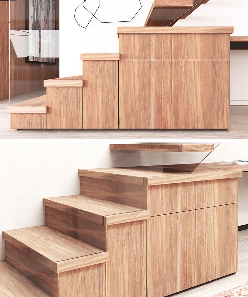 Utilizing the stairs themselves, space was created for filing, office supply and printer storage, while the desk itself is an extension of the 4th stair tread, creating a very seamless and integrated appearance. #HomeOffice #StairStorage #UnderstairStorage #IntegratedStorage