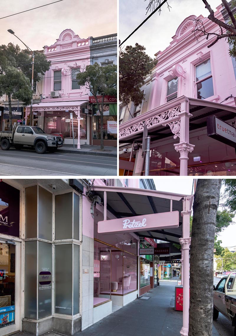 The pink facade of this retail store helps to create a unique identity for the shop, and complements the pink monochromatic interior design too. #RetailFacade #PinkFacade #Architecture #RetailDesign