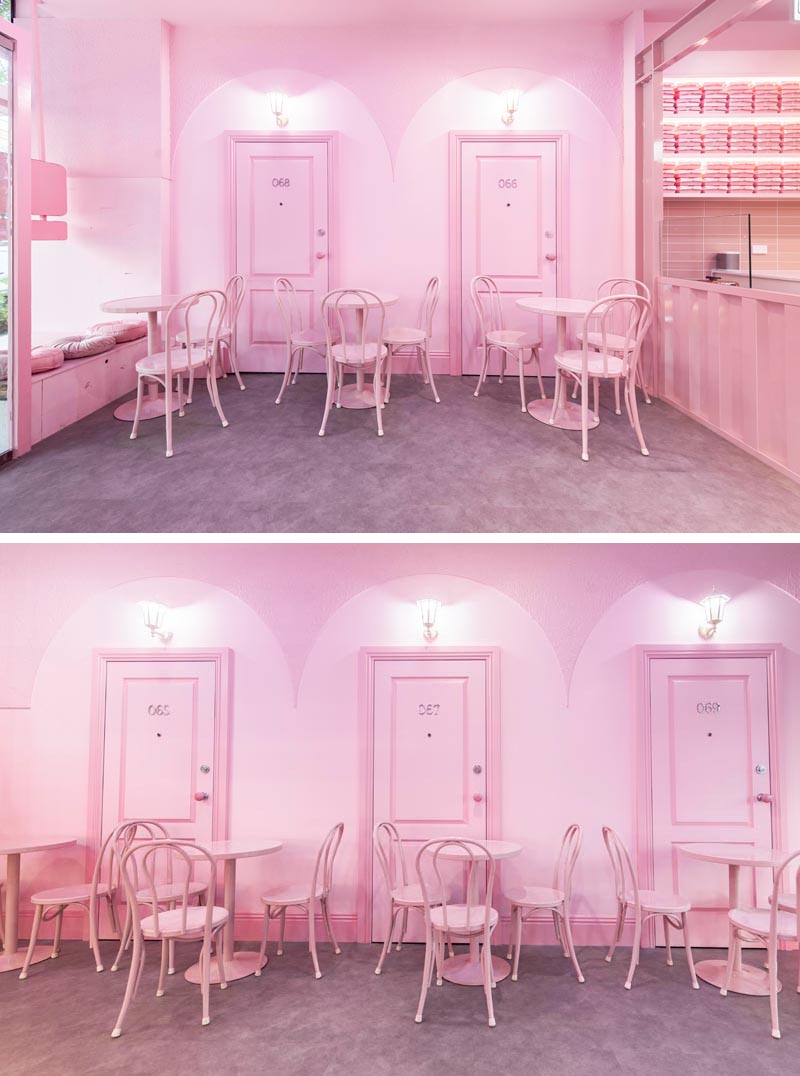 A modern monochromatic pink bakery interior draws inspiration from ’70s California motel aesthetic. #PinkInterior #MonochromaticInterior #Bakery #RetailDesign #CafeDesign