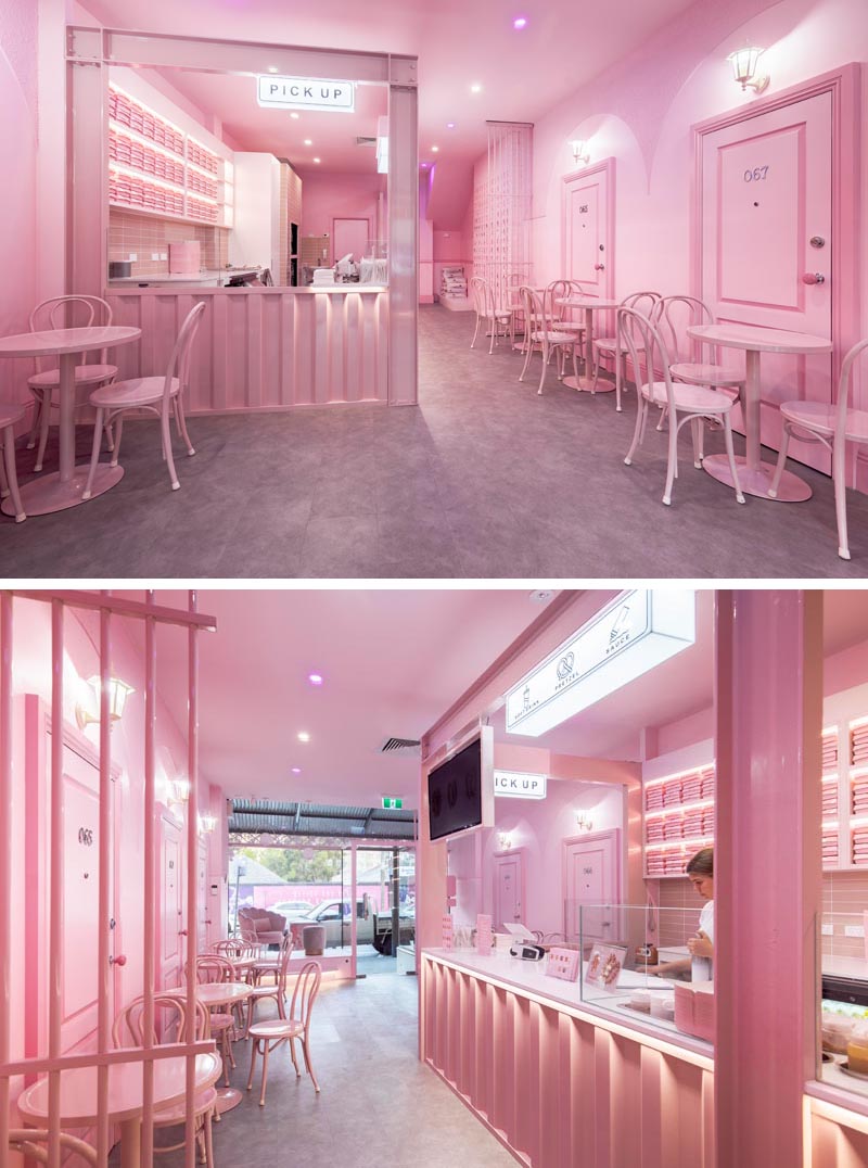 A modern monochromatic pink bakery interior draws inspiration from ’70s California motel aesthetic. #PinkInterior #MonochromaticInterior #Bakery #RetailDesign #CafeDesign