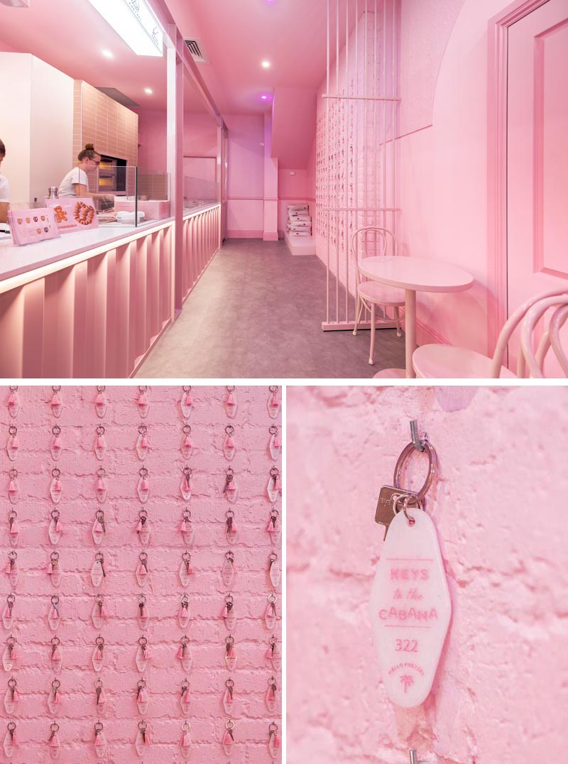 A modern monochromatic pink bakery interior draws inspiration from ’70s California motel aesthetic. #PinkInterior #MonochromaticInterior #Bakery #RetailDesign #CafeDesign