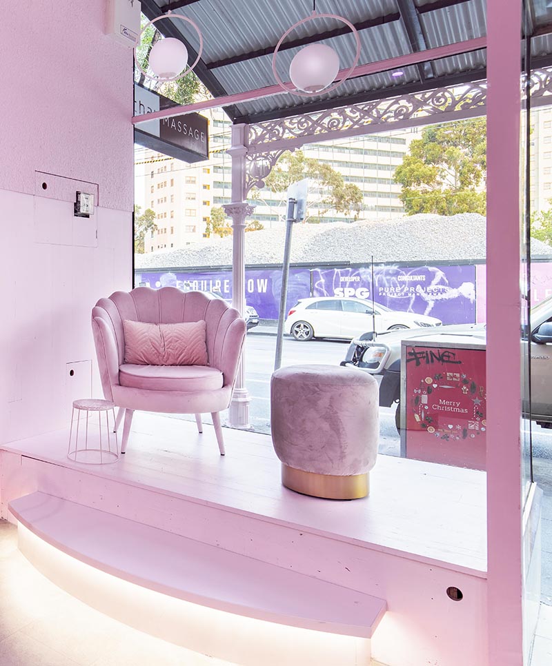 A modern monochromatic pink bakery interior draws inspiration from ’70s California motel aesthetic. #PinkInterior #MonochromaticInterior #Bakery #RetailDesign #CafeDesign