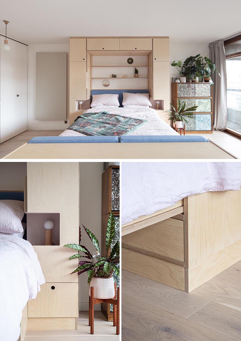 Intervention Architecture have renovated a small apartment in London, that includes a piece of multi-functional furniture that turns into a seating area, a dining area, and a bed. #MultiFunctionalFurniture #FoldDownBed #MurphyBed #SmallApartment #StudioApartment #InteriorDesign