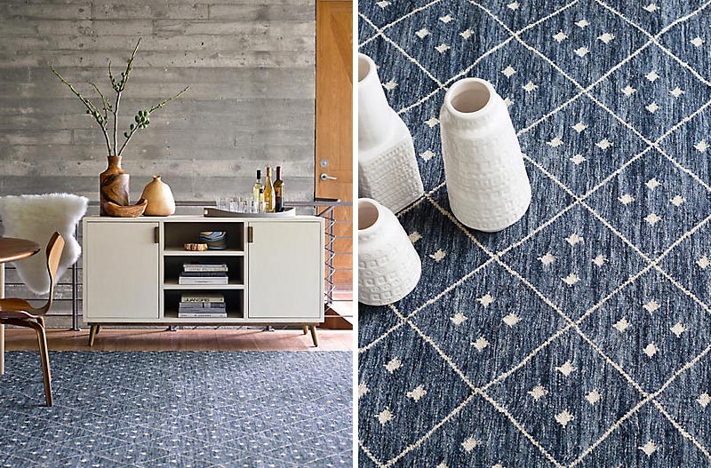 A rug is a way of introducing a pattern to any modern interior. By keeping the color and pattern simple, it allows the rug to add a subtle design element that doesn't distract from the overall look of the room. #ModernRug #PatternedRug #BlueRug #HomeDecor
