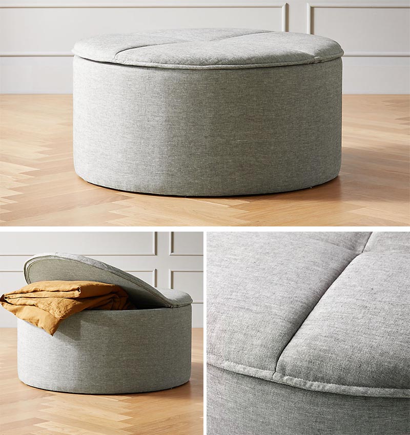 Ottomans with hidden storage are perfect for keeping blankets within an arms reach, but there also a way to store other living room items, like remotes, books, magazines, etc. #BlanketStorage #Ottoman #StorageOttoman