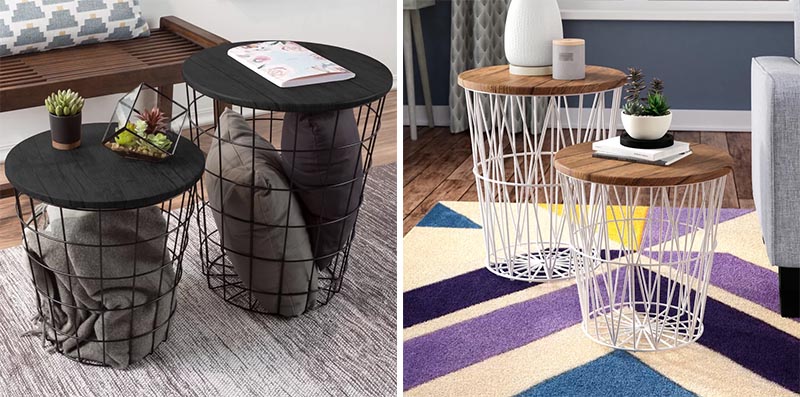 To add an industrial touch to your interior, consider wood and wire storage tables. These all have a base of a wire cage, idea for holding blankets, and a wood top, which can be used for a decorative display, a table lamp, or for your magazines and drinks. #StorageTable #IndustrialDesign #ModernDecor #BlanketStorage