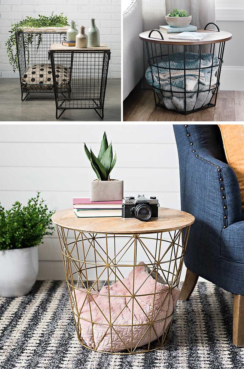 To add an industrial touch to your interior, consider wood and wire storage tables. These all have a base of a wire cage, idea for holding blankets, and a wood top, which can be used for a decorative display, a table lamp, or for your magazines and drinks. #StorageTable #IndustrialDesign #ModernDecor #BlanketStorage