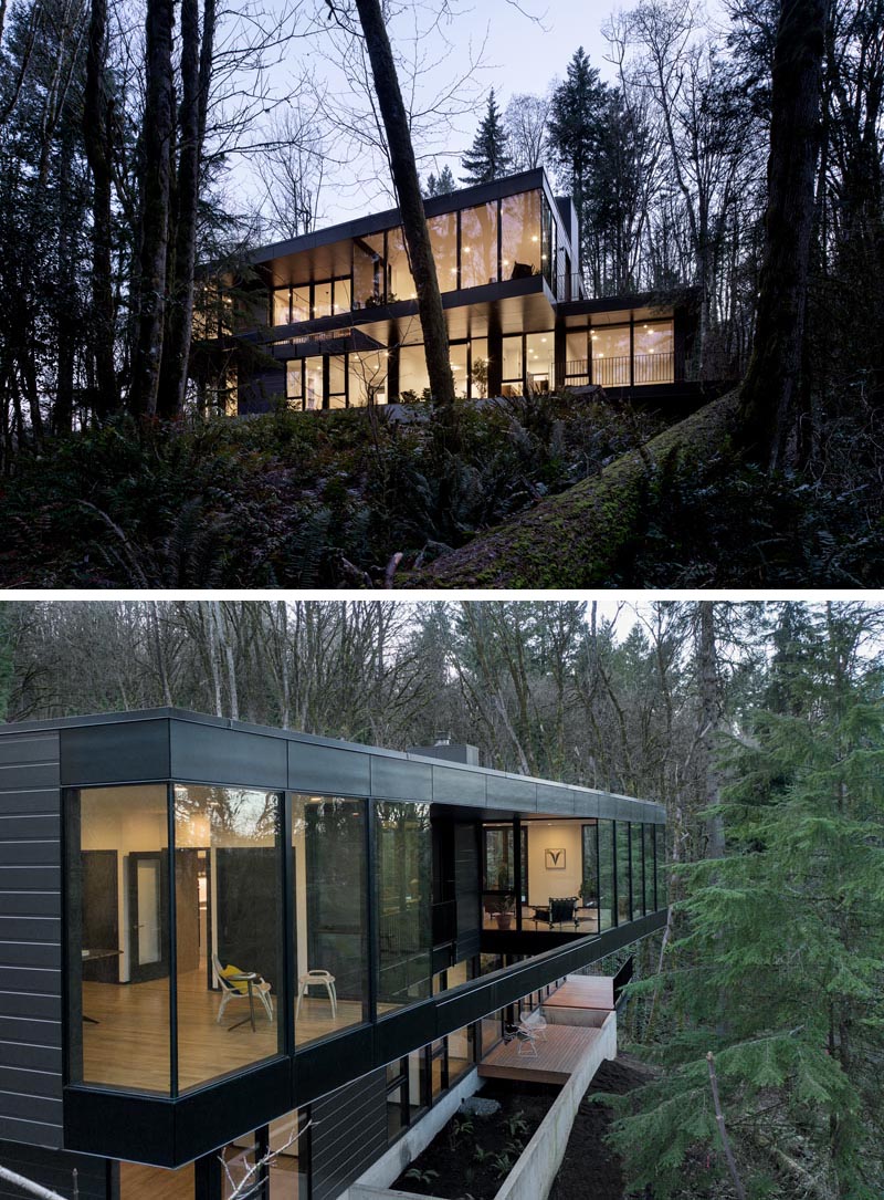 William / Kaven Architecture has designed and developed a modern black house that's located near Portland, Oregon, and cantilevers above the forest floor. #ModernBlackHouse #ModernHouse #Cantilever #ModernArchitecture