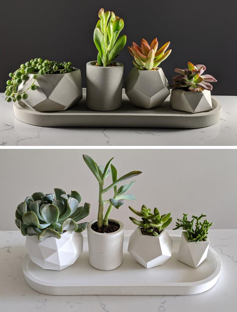 Green Begonia has created a collection of small modern concrete planters that are ideal for succulents and cacti. #ConcretePlanters #Succulents #SucculentPlanters #Cacti #CactiPlanters #ModernHomeDecor #DecorIdeas #PlanterWithTray