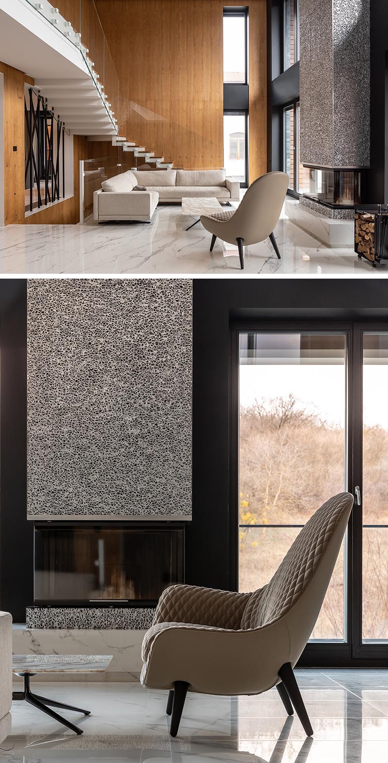 Sergey Makhno Architects recently completed a new house, and as part of the living room, they created a modern fireplace surround made from metal lace. #ModernFireplace #MetalFireplace #LivingRoom #MetalFireplaceSurround #Interiors #FireplaceDesign