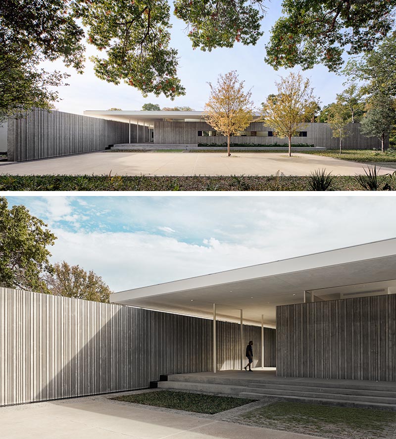 Heavy concrete walls with a corrugated appearance extend from the interior of the house out into the landscape, with a floating pavilion roof hovering above.  #ConcreteWalls #ModernArchitecture #CorrugatedConcrete #HouseDesign #ModernHouse