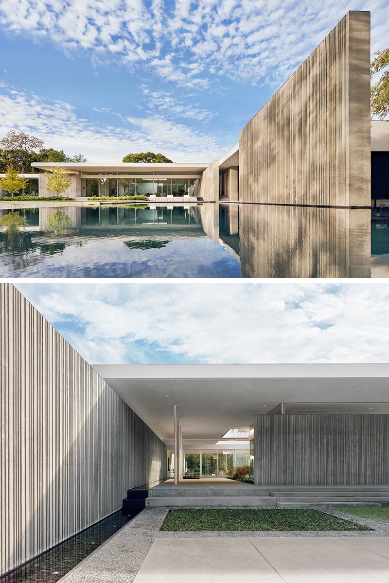 This modern house has concrete walls that were cast using custom-fabricated formwork that created a corrugated appearance.  #ConcreteWalls #ModernArchitecture #CorrugatedConcrete #HouseDesign #ModernHouse