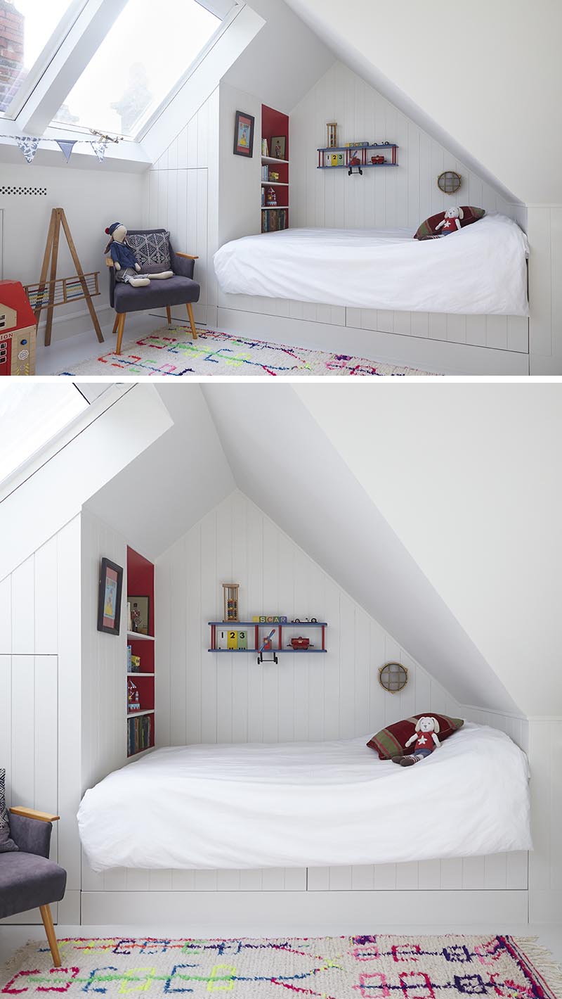 This modern kids bedroom has a built-it bed that's been tucked into one end of the room, creating an open play area that's softened by the use of a modern rug, and includes storage in the form of a closet and bookshelf. #KidsBedroom #ModernKidsBed #BuiltInBed #Interiors #BedroomDesign