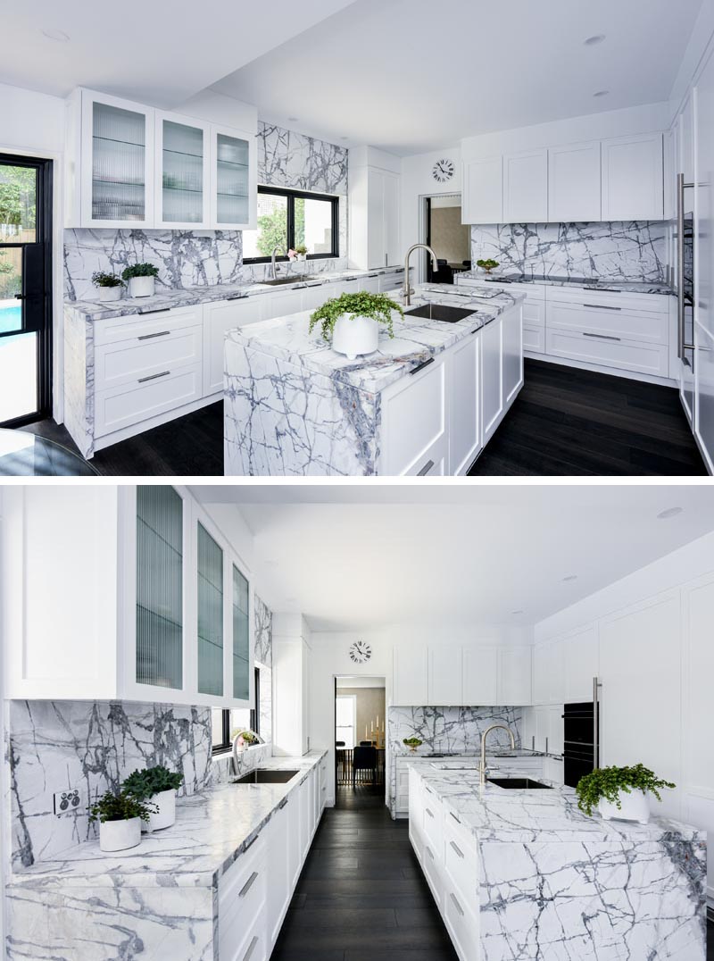 Unique White Kitchen Cabinets Grey Marble Countertops with Simple Decor